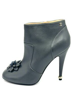CHANEL 15A Leather Camellia Flower Ankle Booties Boots Heels Shoes